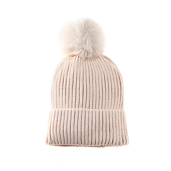 Calindra FB18 Ribbed Self Coloured Faux Fur Pom Pom Beanie Beige