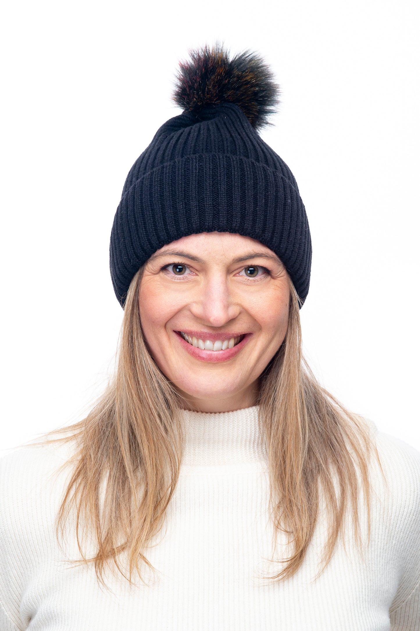 Calindra FB18 Ribbed Multi Coloured Faux Fur Pom Pom Beanie Navy/Multi Blue