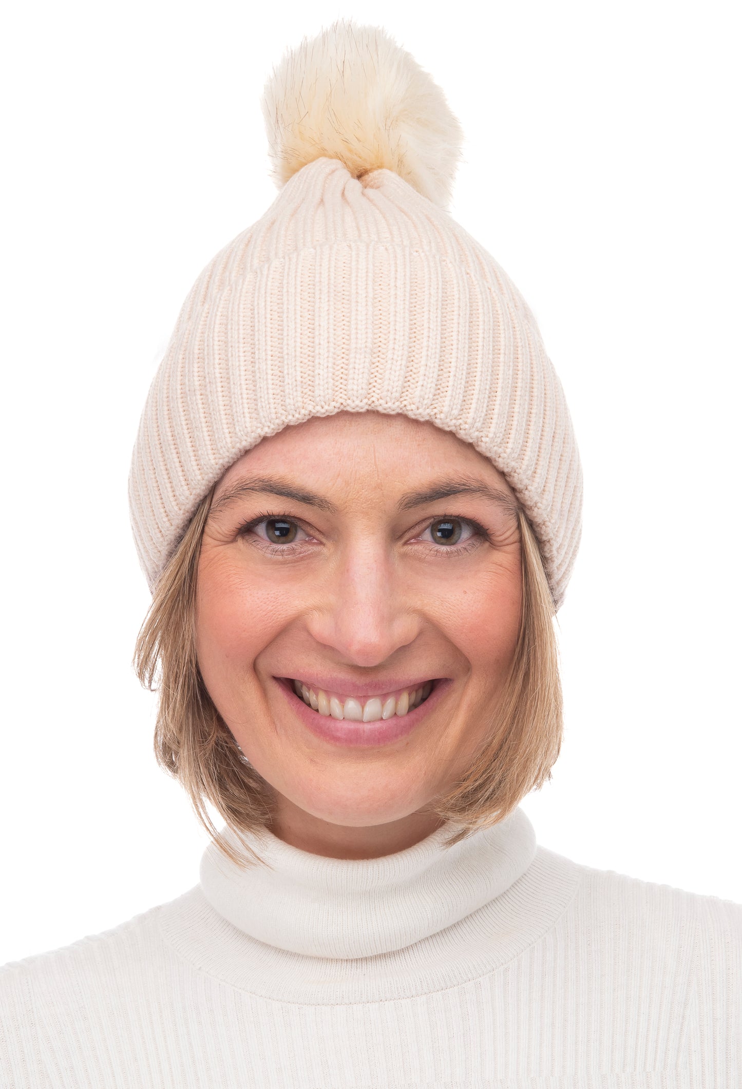 Calindra FB18 Ribbed Self Coloured Faux Fur Pom Pom Beanie Beige