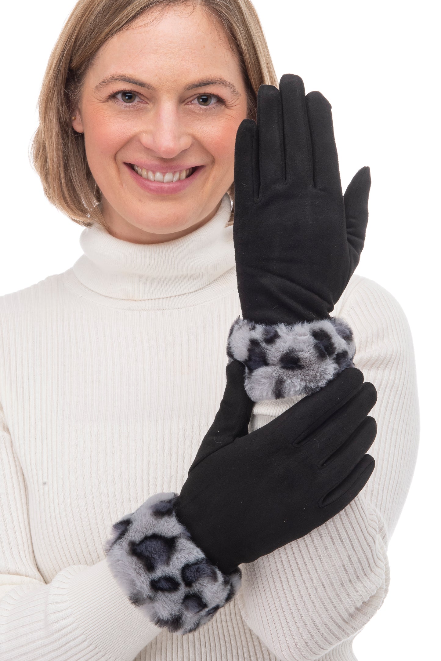 Martina FB79 Suedette Glove with Leopard Cuff Black/Grey Leopard With Screen Touch