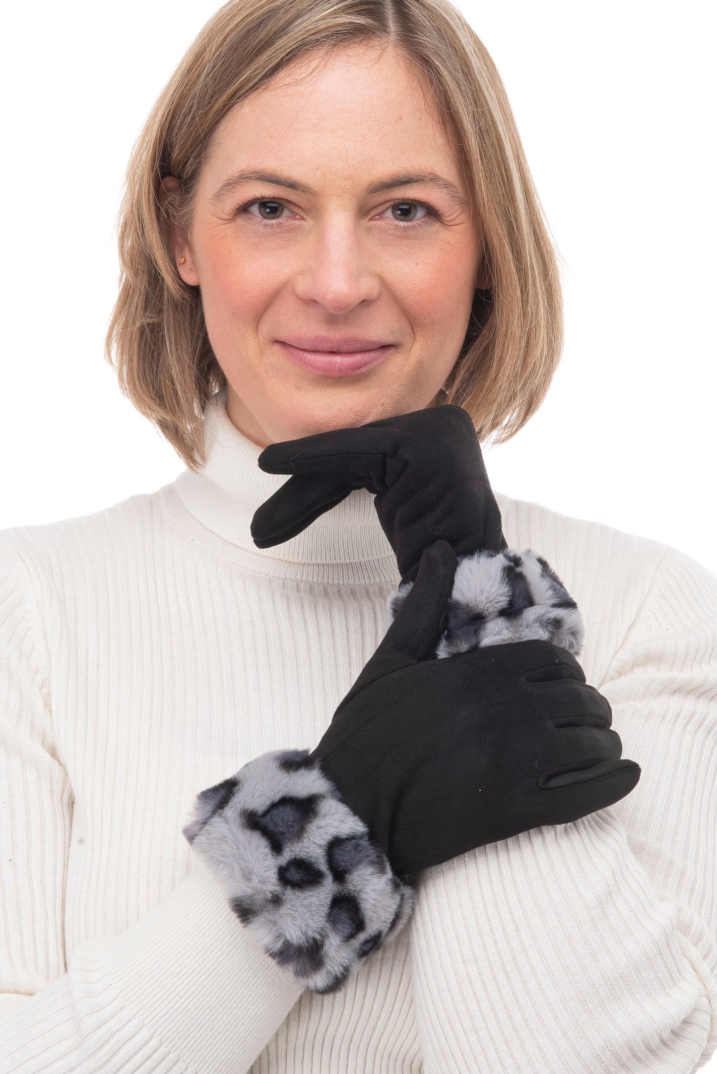 Martina FB79 Suedette Glove with Leopard Cuff Black/Grey Leopard With Screen Touch