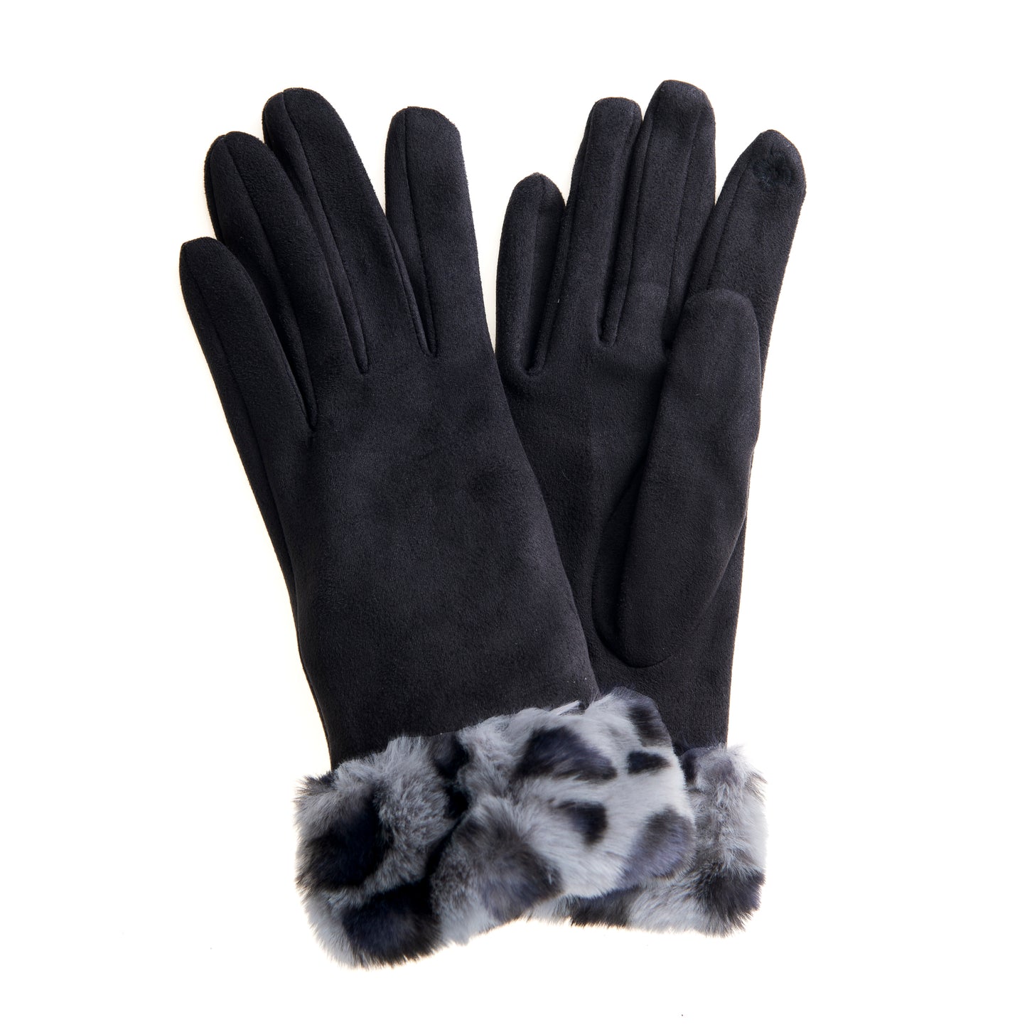 Martina FB79 Suedette Glove with Leopard Cuff Black/Grey Leopard With Screen Touch