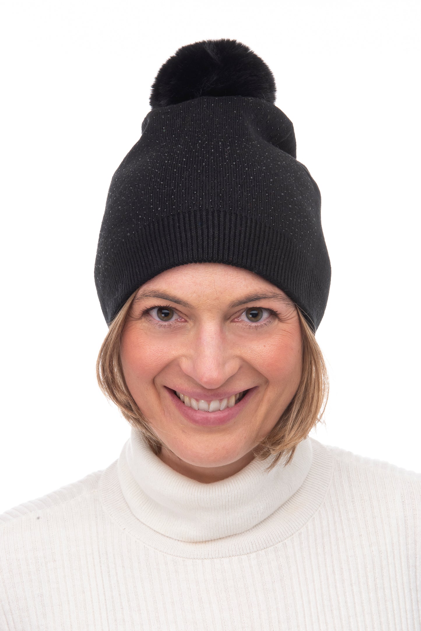 Gabi FB80 Crystal Beanie Faux Fur Pom Pom Black