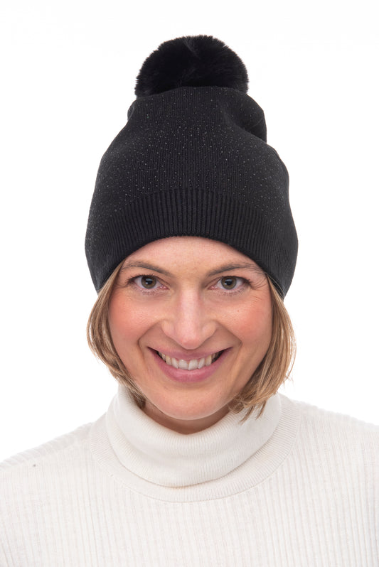 Gabi FB80 Crystal Beanie Faux Fur Pom Pom Black