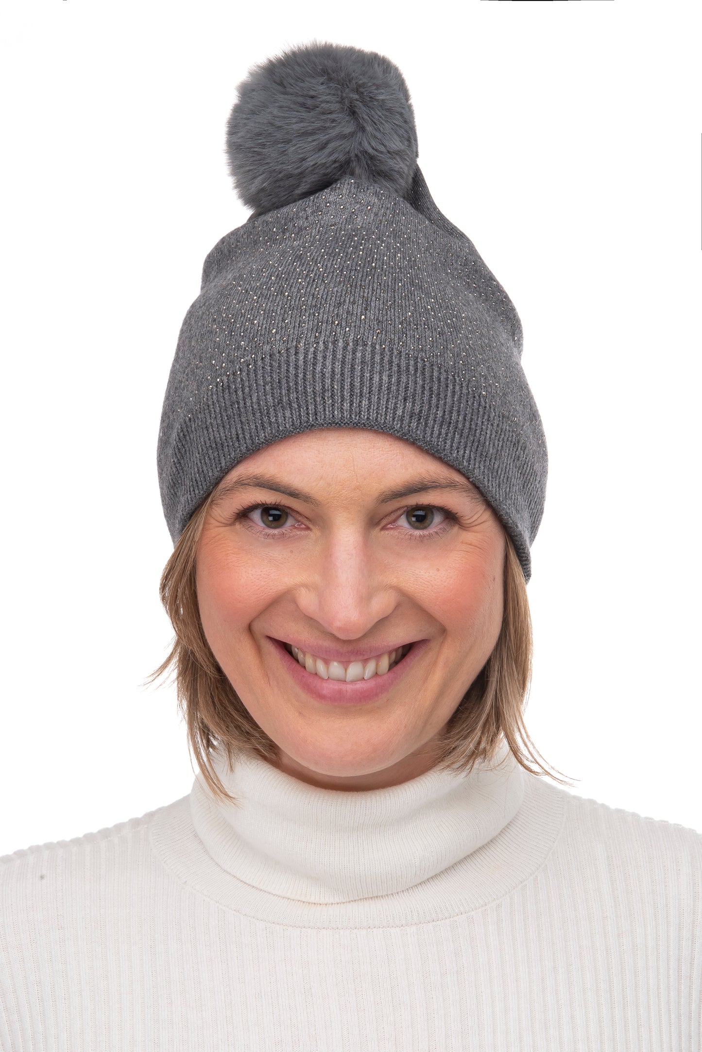 Gabi FB80 Crystal Beanie Faux Fur Pom Pom Grey