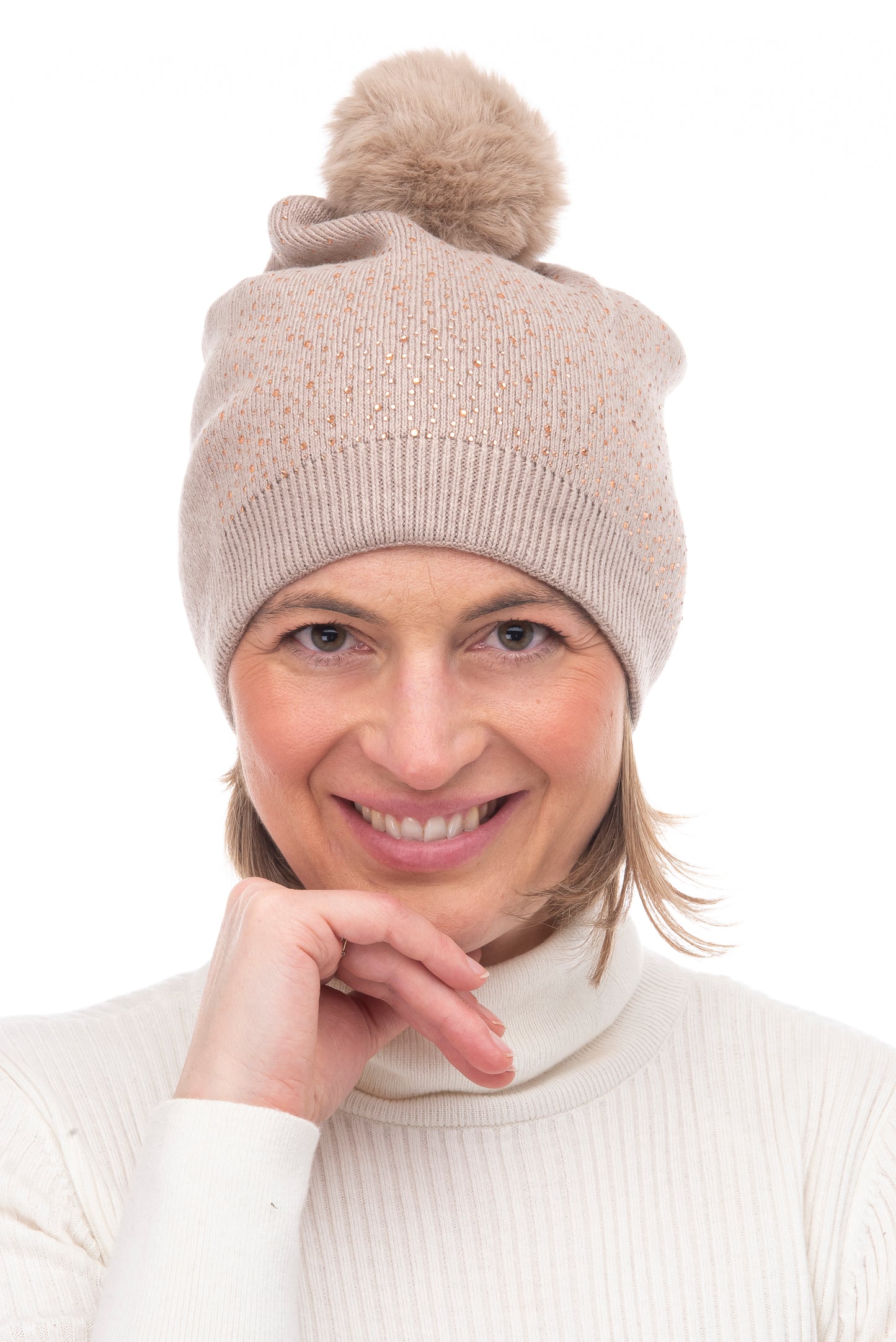Gabi FB80 Crystal Beanie Faux Fur Pom Pom Mocha