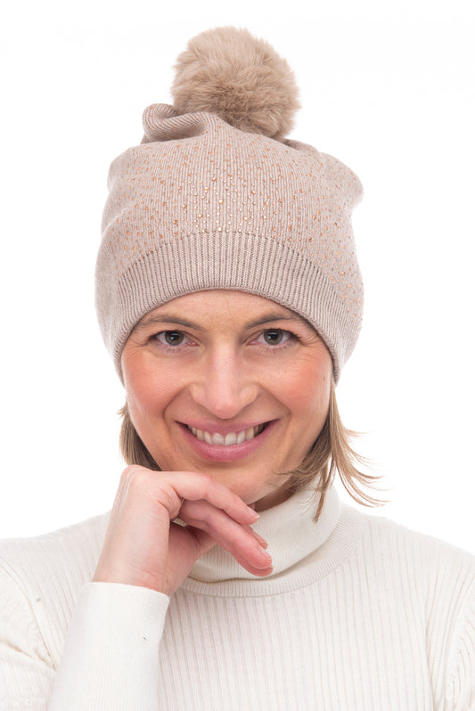 Gabi FB80 Crystal Beanie Faux Fur Pom Pom Mocha