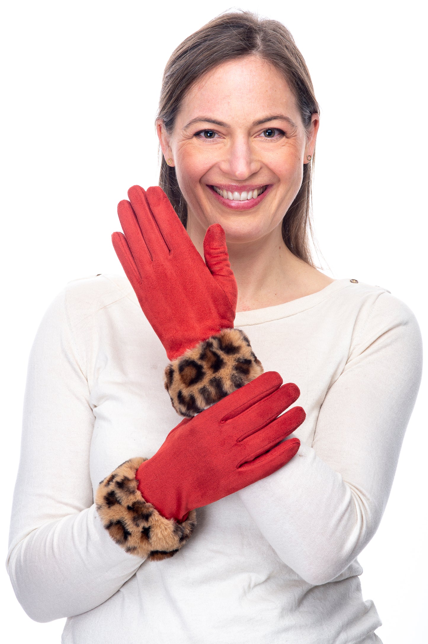 Martina FB79 Suedette Glove with Leopard Cuff Red/Brown Leopard