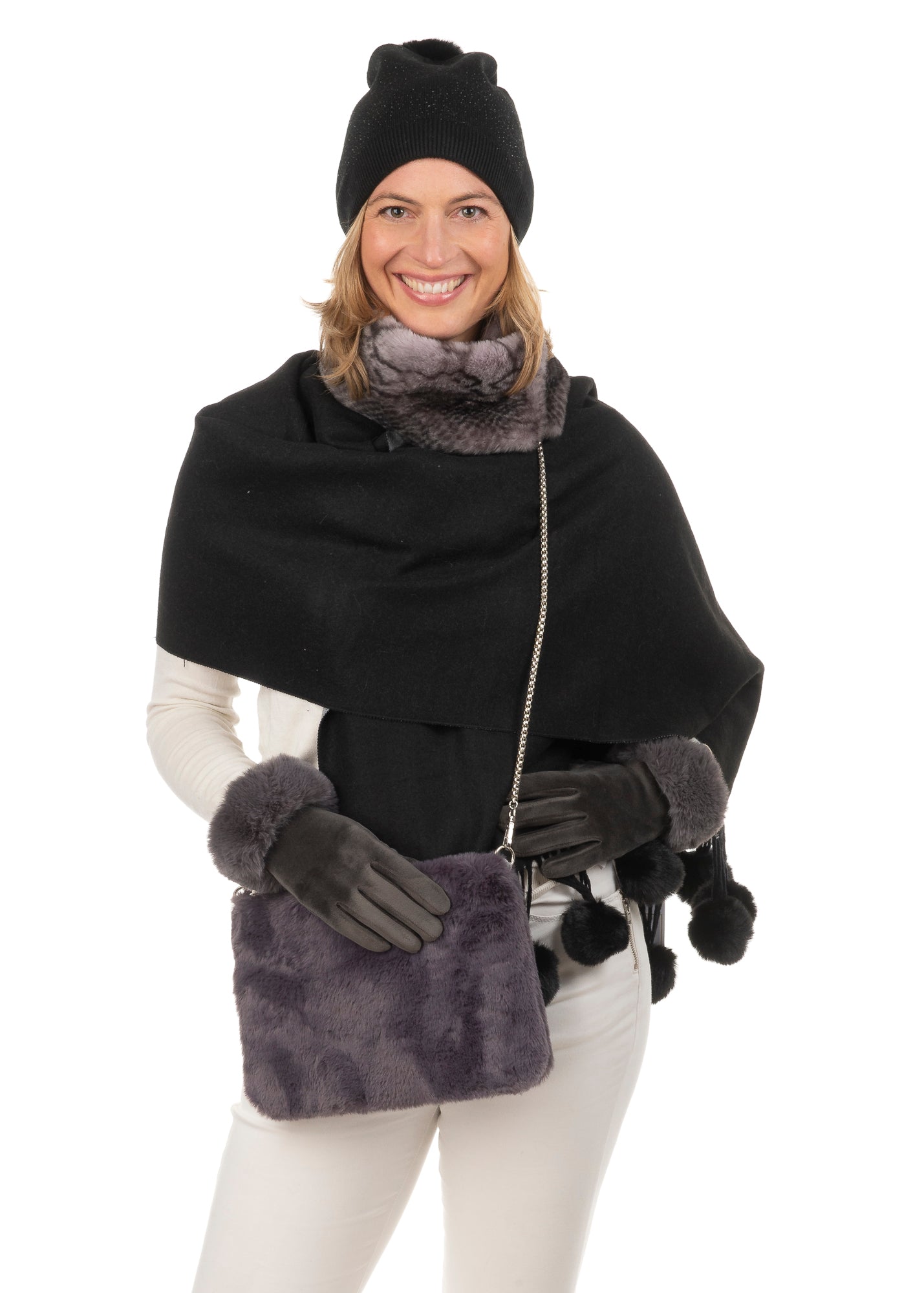 Calindra FB18 Ribbed Self Coloured Pom Pom Beanie Black