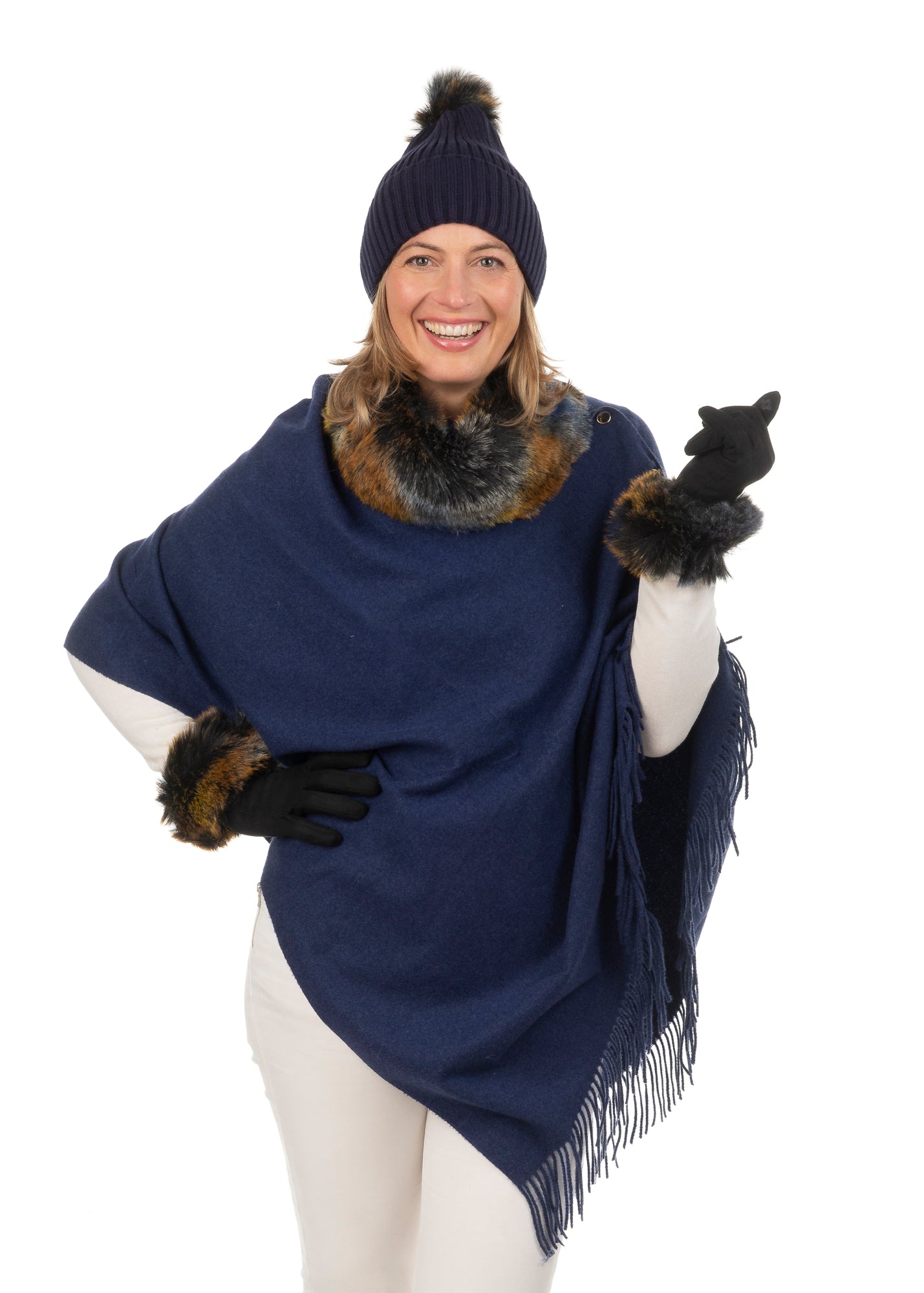 Calindra FB18 Ribbed Multi Coloured Faux Fur Pom Pom Beanie Navy/Multi Blue