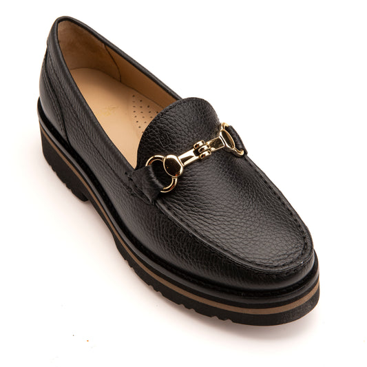 FB202 Ella Chunky Sole Loafer with Gold Snaffle Fitting- Black Dollaro Leather