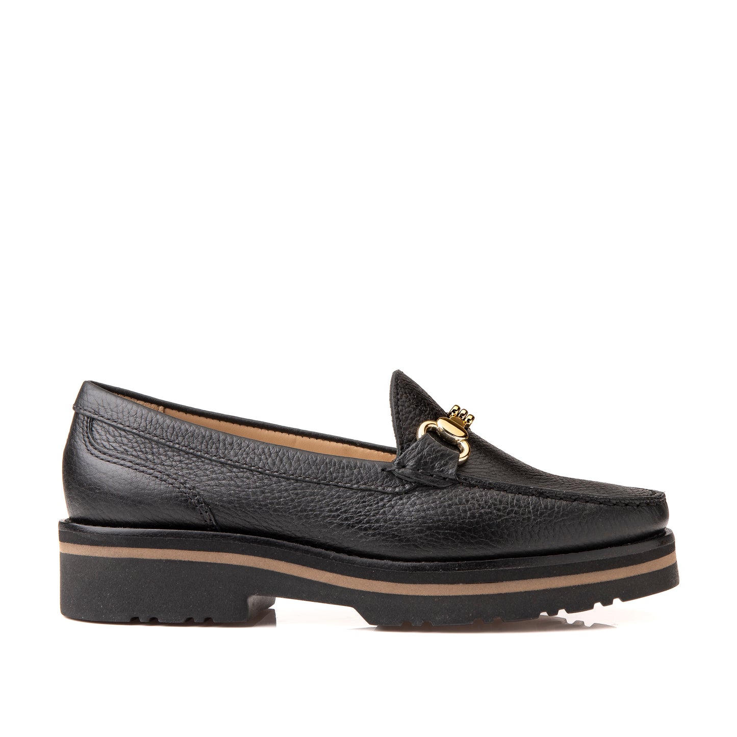 FB202 Ella Chunky Sole Loafer with Gold Snaffle Fitting- Black Dollaro Leather