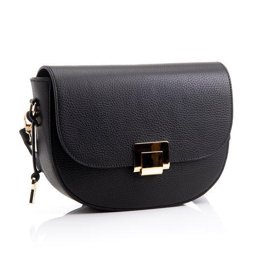 FB217 Valentina Black Classic Bag With Flapover, Gold Clasp & Two Straps- Dollaro Leather