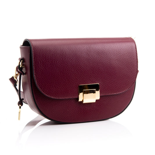 FB217 Valentina Burgundy Classic Bag With Flapover, Gold Clasp & Two Straps- Dollaro Leather