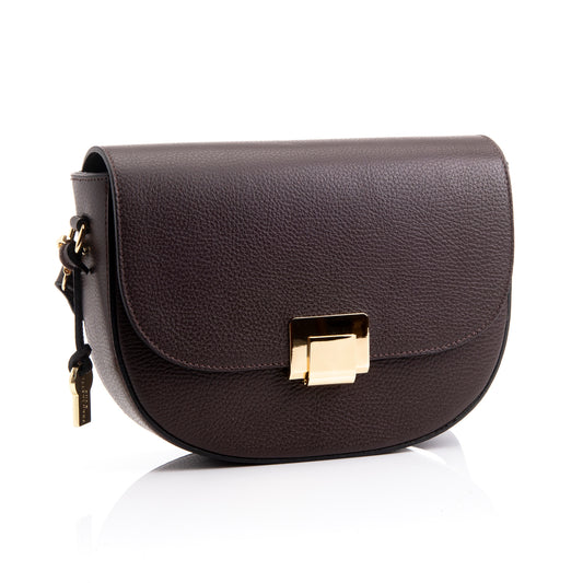 FB217 Valentina Chocolate Classic Bag With Flapover, Gold Clasp & Two Straps- Dollaro Leather