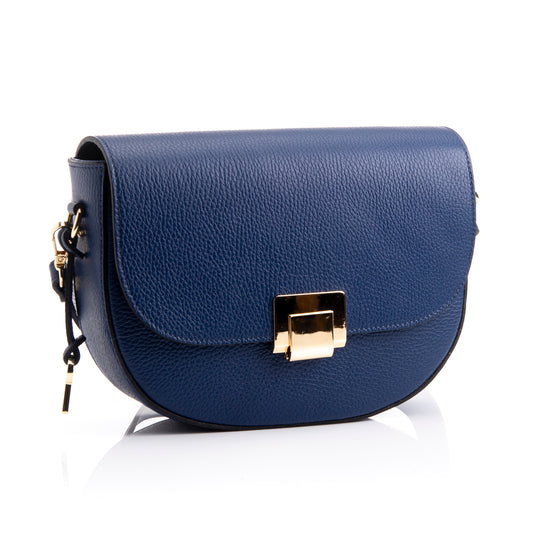 FB217 Valentina Navy Classic Bag With Flapover, Gold Clasp & Two Straps- Dollaro Leather