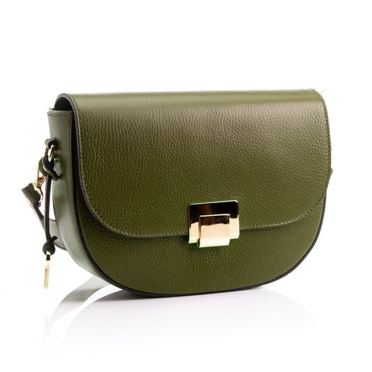 FB217 Valentina Olive Green Classic Bag With Flapover, Gold Clasp & Two Straps- Dollaro Leather