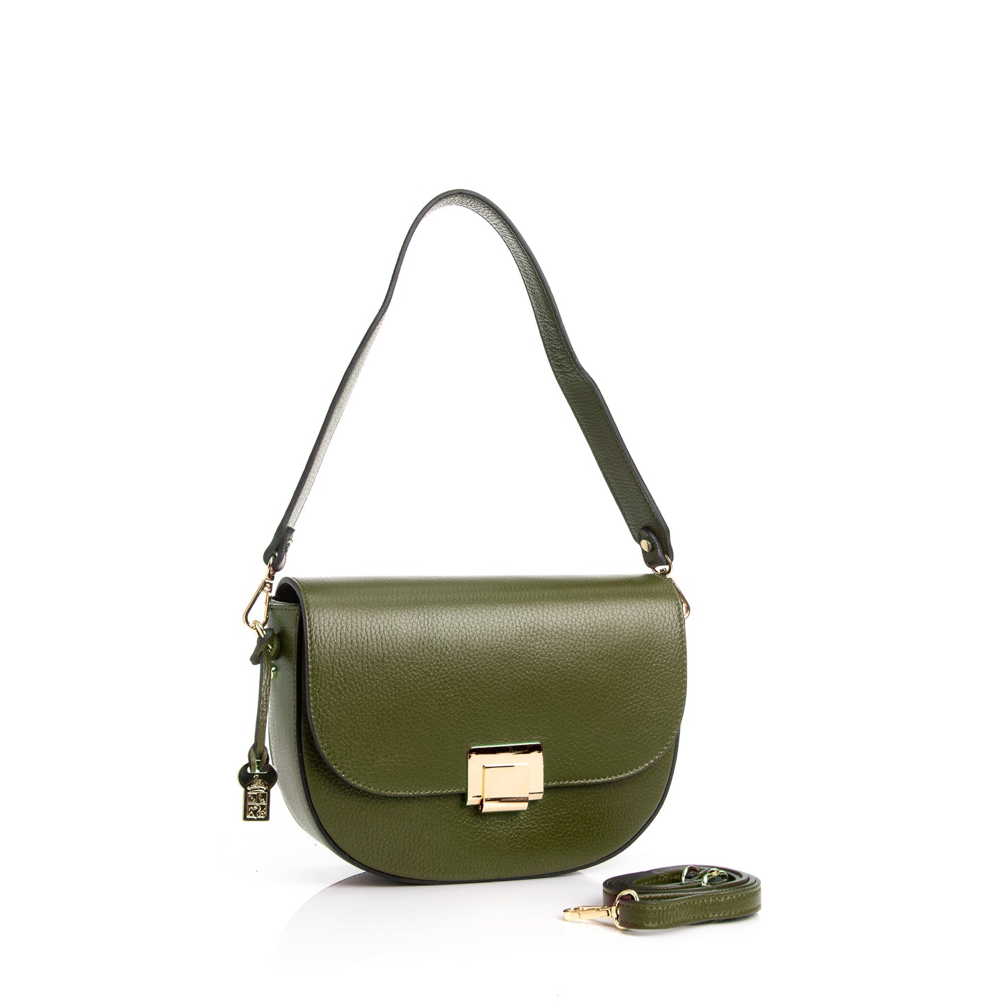 FB217 Valentina Olive Green Classic Bag With Flapover, Gold Clasp & Two Straps- Dollaro Leather