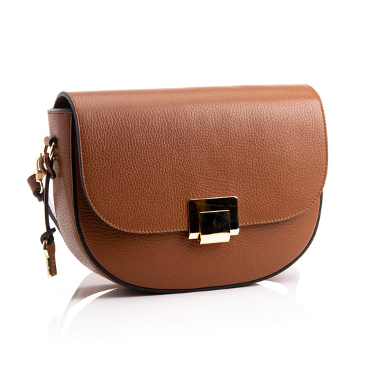 FB217 Valentina Tan Classic Bag With Flapover, Gold Clasp & Two Straps- Dollaro Leather