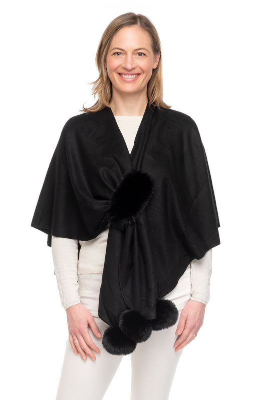 Livia FB107 Wrap with Faux Fur Pom Poms and Central Loop Black