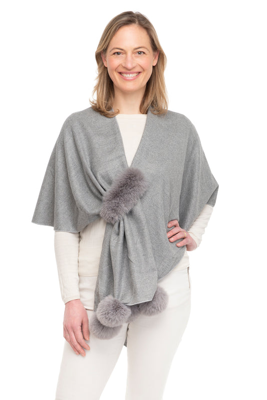 Livia FB107 Wrap with Faux Fur Pom Poms and Central Loop Grey