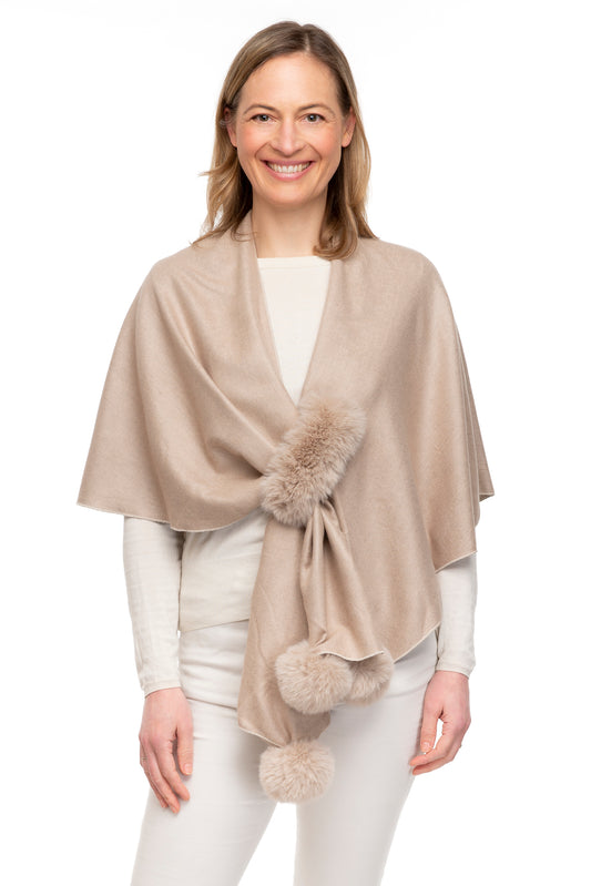 Livia FB107 Wrap with Faux Fur Pom Poms and Central Loop Mocha