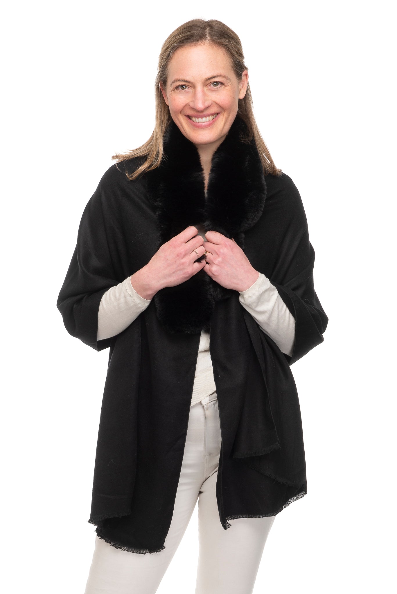 Azzura FB108  Wrap with Faux Fur Collar and Hook & Eye Closure Black