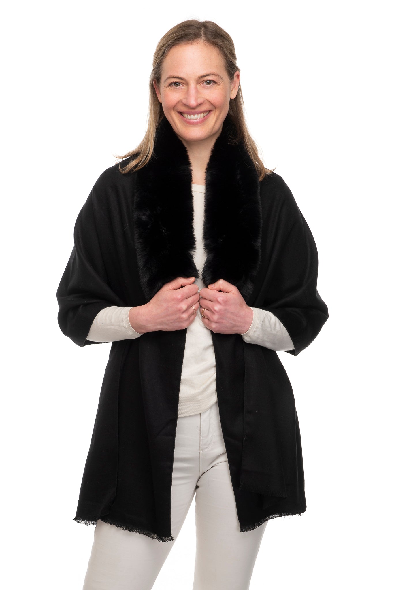 Azzura FB108  Wrap with Faux Fur Collar and Hook & Eye Closure Black