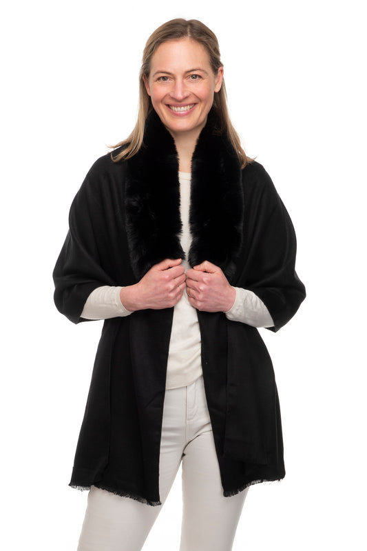 Azzura FB108  Wrap with Faux Fur Collar and Hook & Eye Closure Black