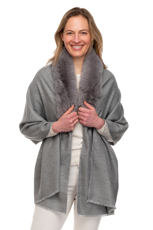 Azzura FB108  Wrap with Faux Fur Collar and Hook & Eye Closure Grey