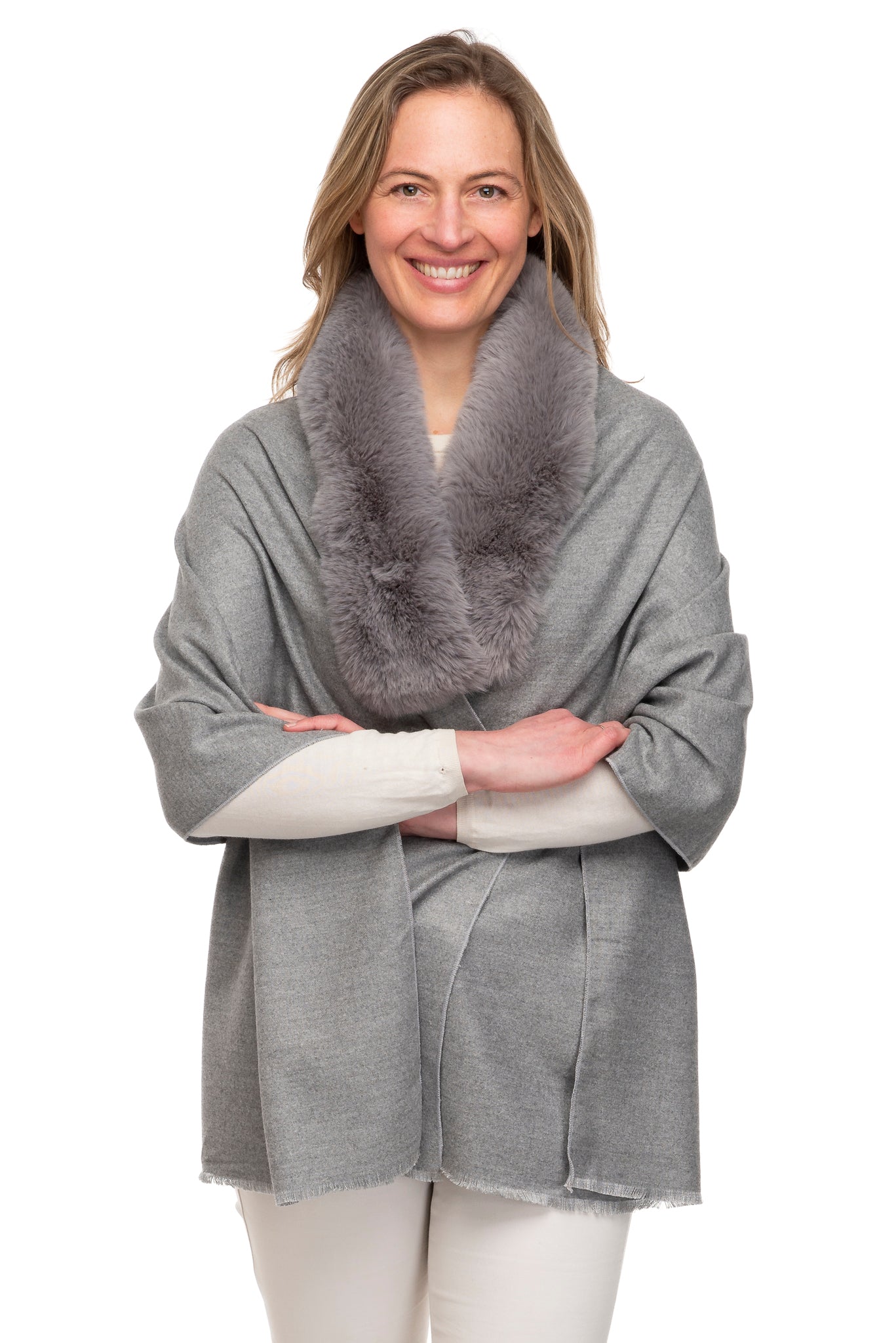 Azzura FB108  Wrap with Faux Fur Collar and Hook & Eye Closure Grey