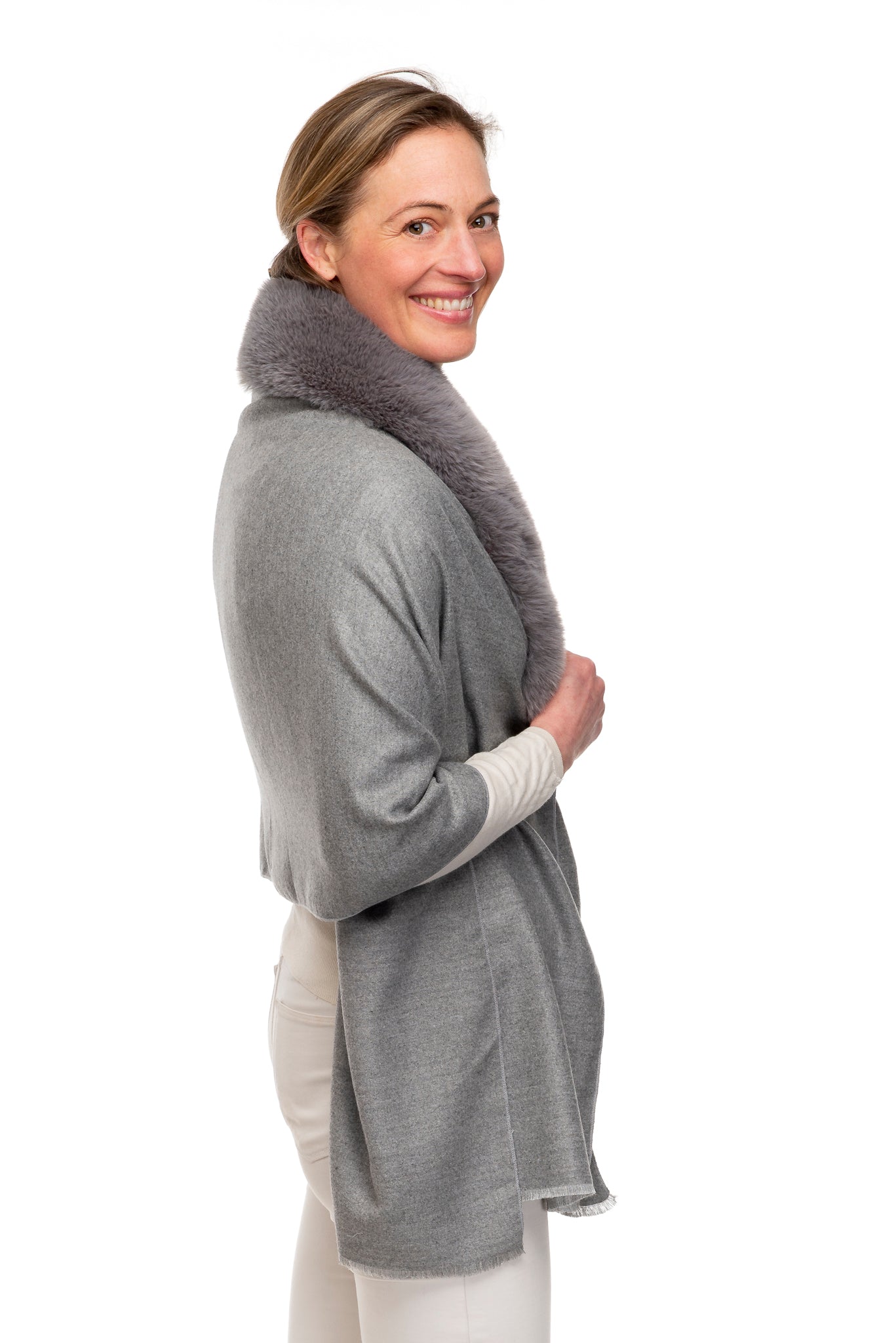 Azzura FB108  Wrap with Faux Fur Collar and Hook & Eye Closure Grey