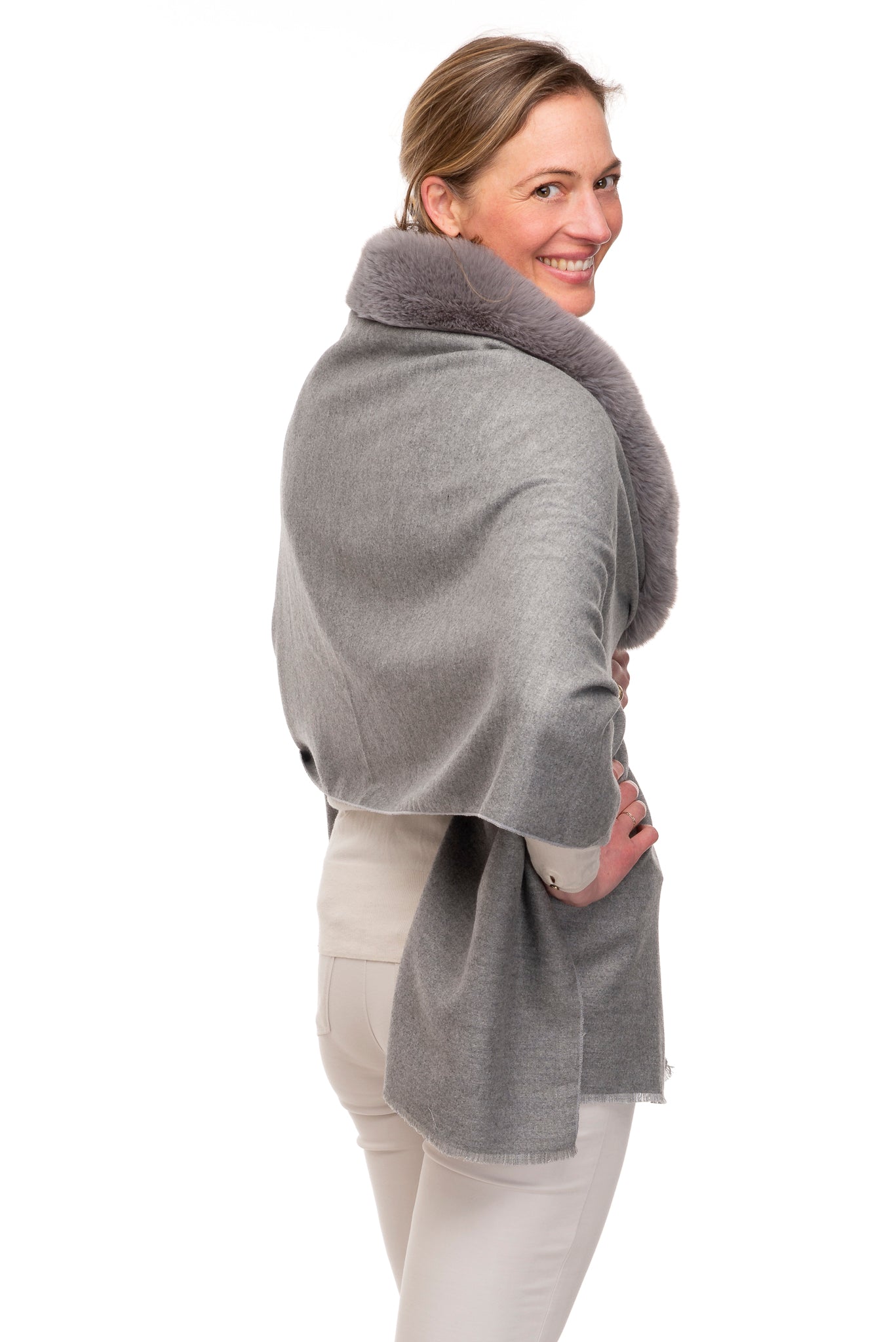 Azzura FB108  Wrap with Faux Fur Collar and Hook & Eye Closure Grey