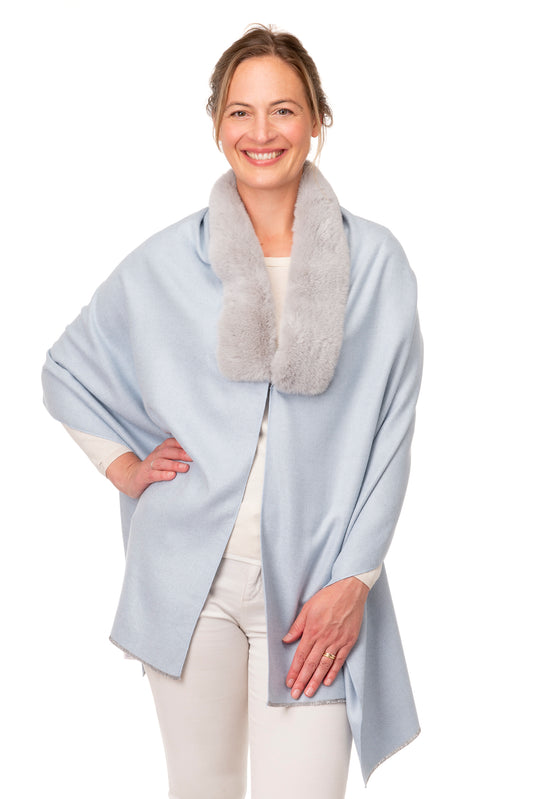 Azzura FB108  Wrap with Faux Fur Collar and Hook & Eye Closure Light Blue