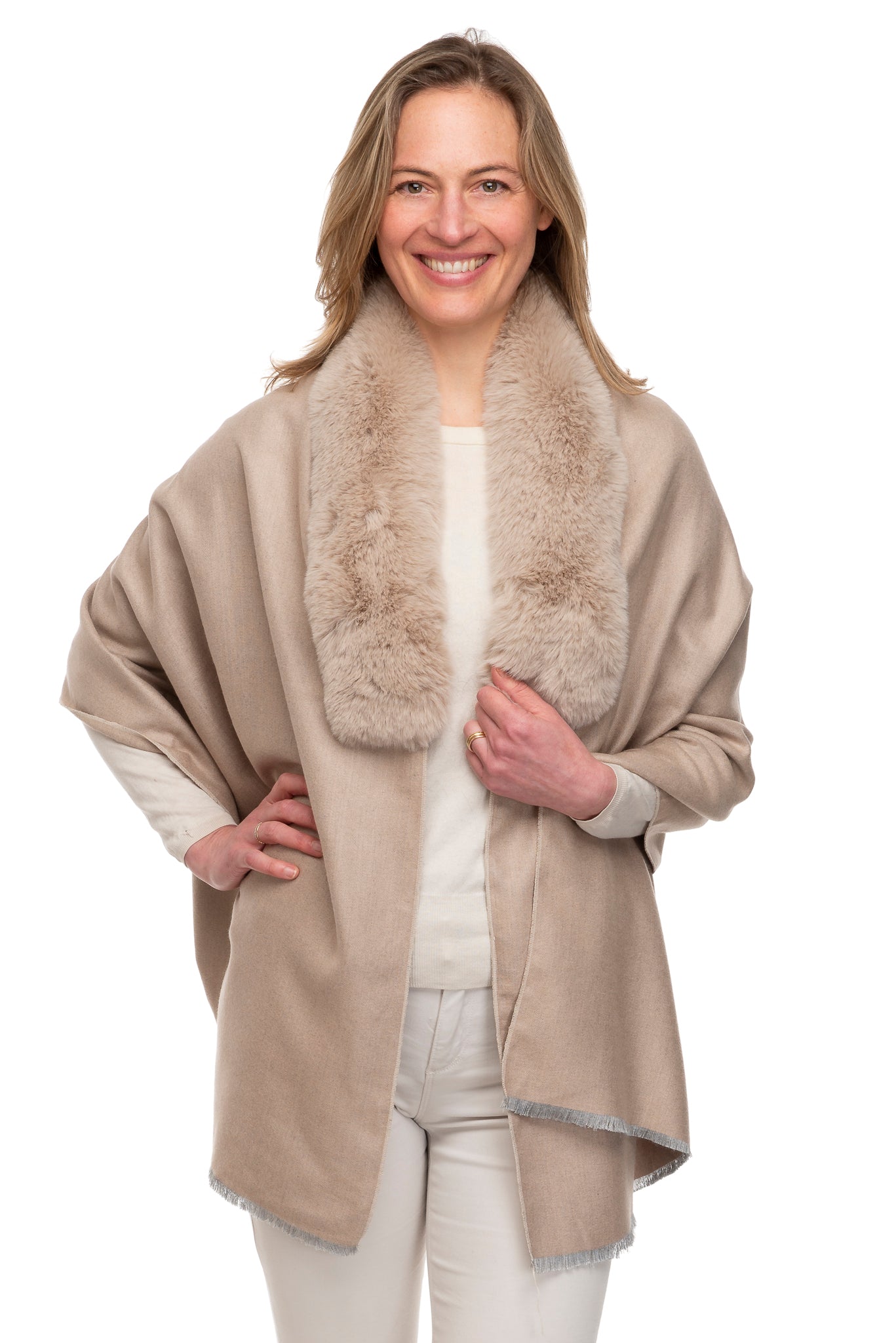 Azzura FB108  Wrap with Faux Fur Collar and Hook & Eye Closure Mocha