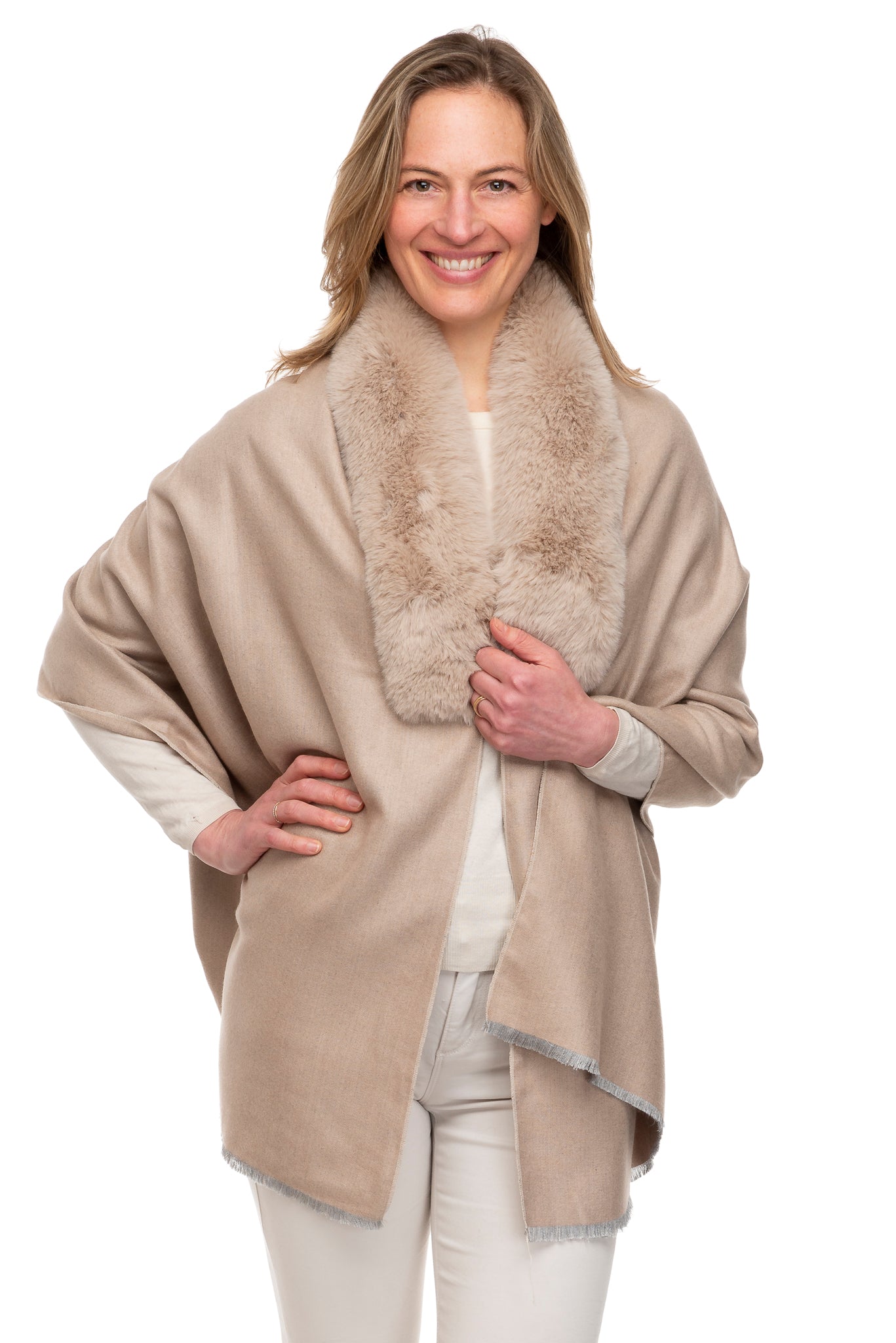 Azzura FB108  Wrap with Faux Fur Collar and Hook & Eye Closure Mocha