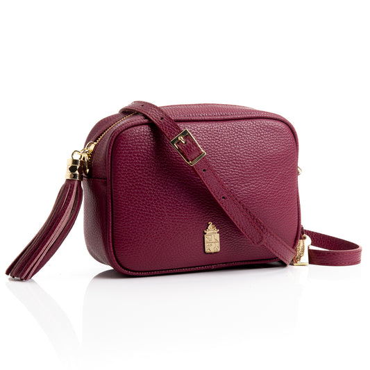 FB214 Caz Burgundy Camera Bag With Cross Body & Tassel- Dollaro Leather