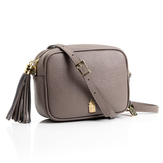 FB214 Caz Taupe Camera Bag With Cross Body & Tassel- Dollaro Leather