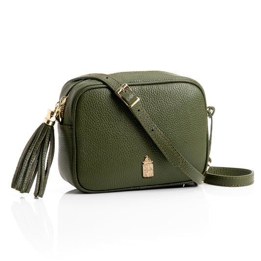 FB214 Caz Olive Green Camera Bag With Cross Body & Tassel- Dollaro Leather