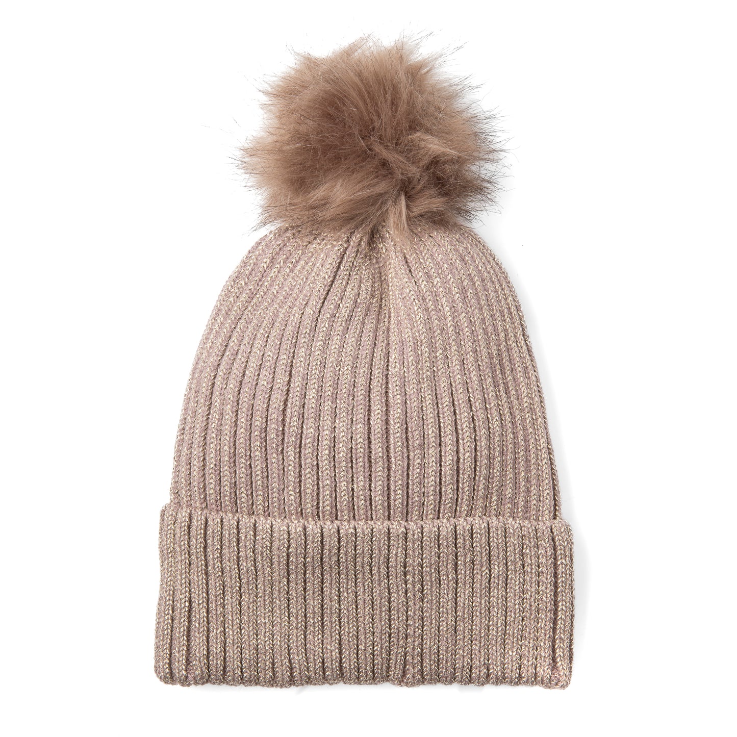 Calindra FB18 Ribbed Self Coloured Faux Fur Pom Pom Beanie Mocha MetallicThread