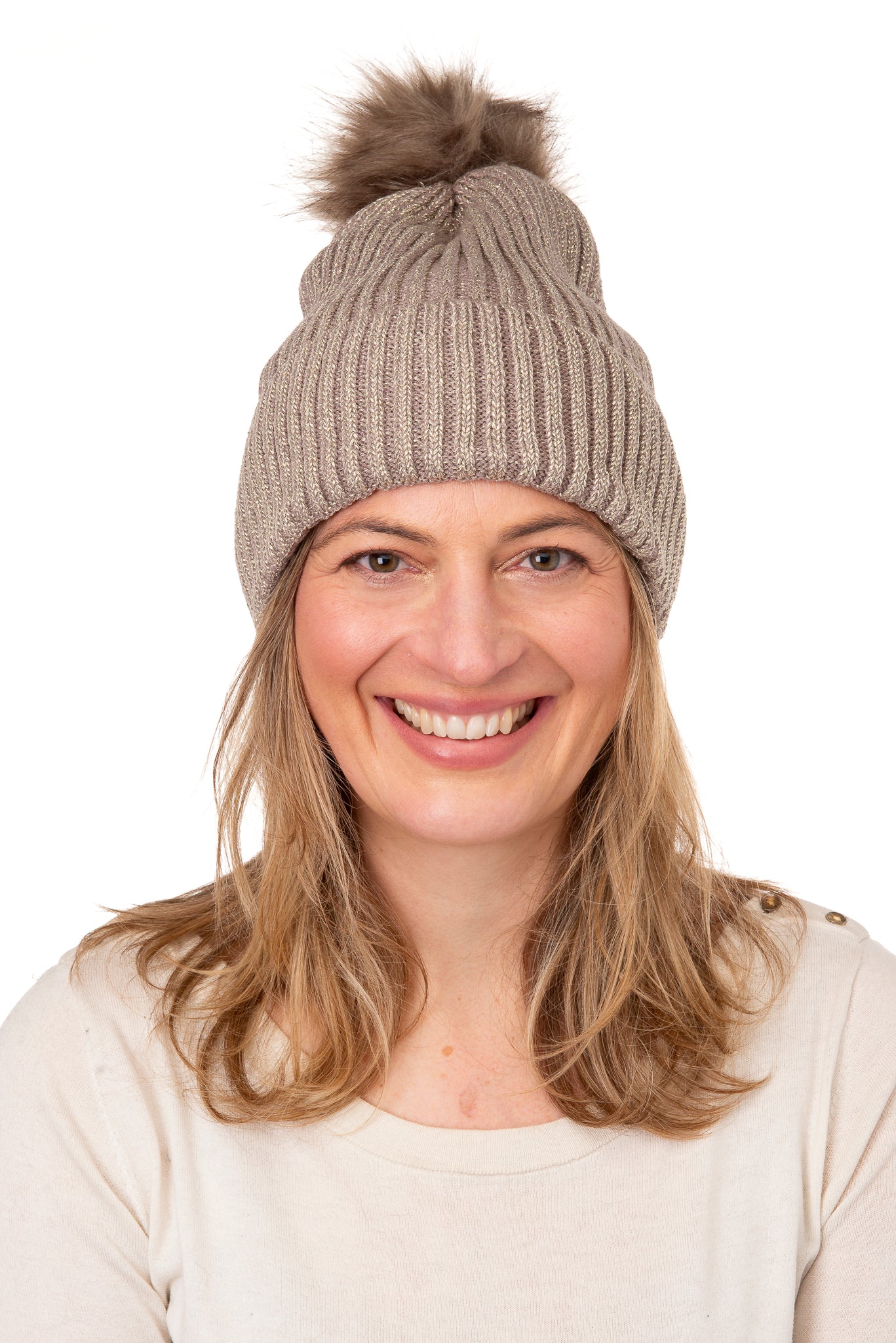 Calindra FB18 Ribbed Self Coloured Faux Fur Pom Pom Beanie Mocha MetallicThread