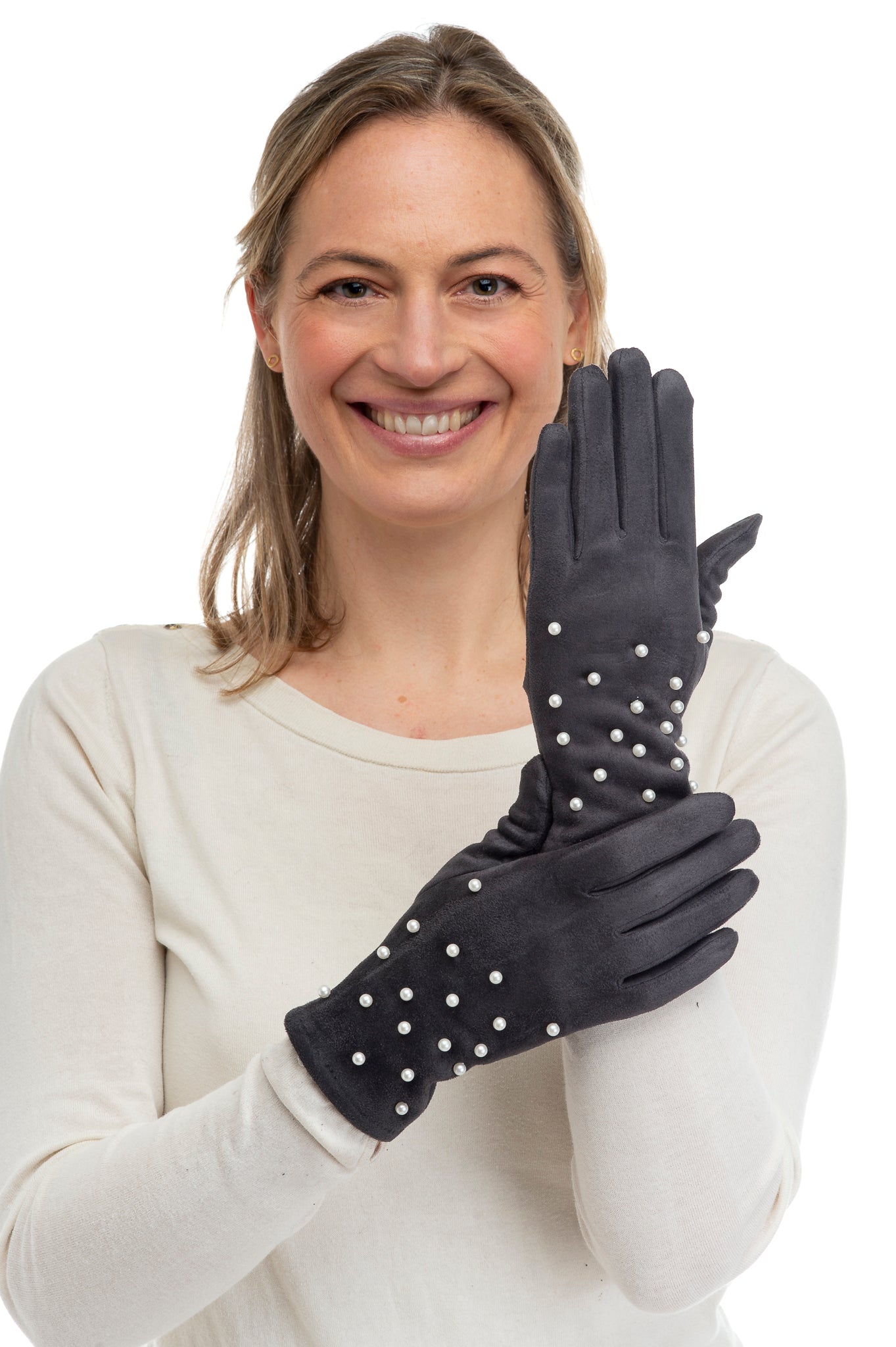 Perlina FB76 Suedette Glove With Multi Pearl Detail and Screen Touch Grey