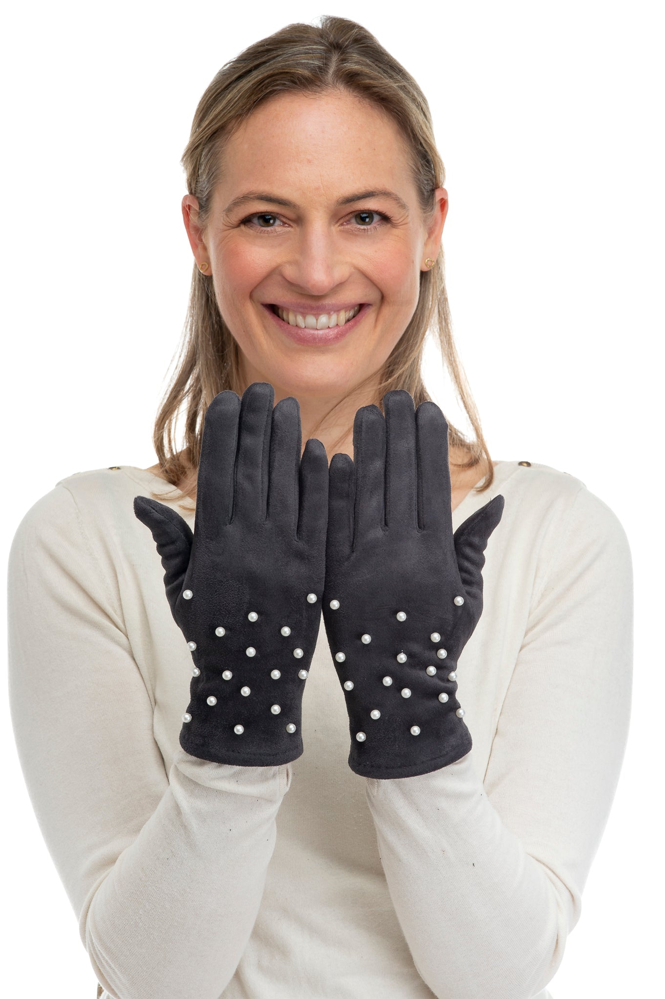 Perlina FB76 Suedette Glove With Multi Pearl Detail and Screen Touch Grey