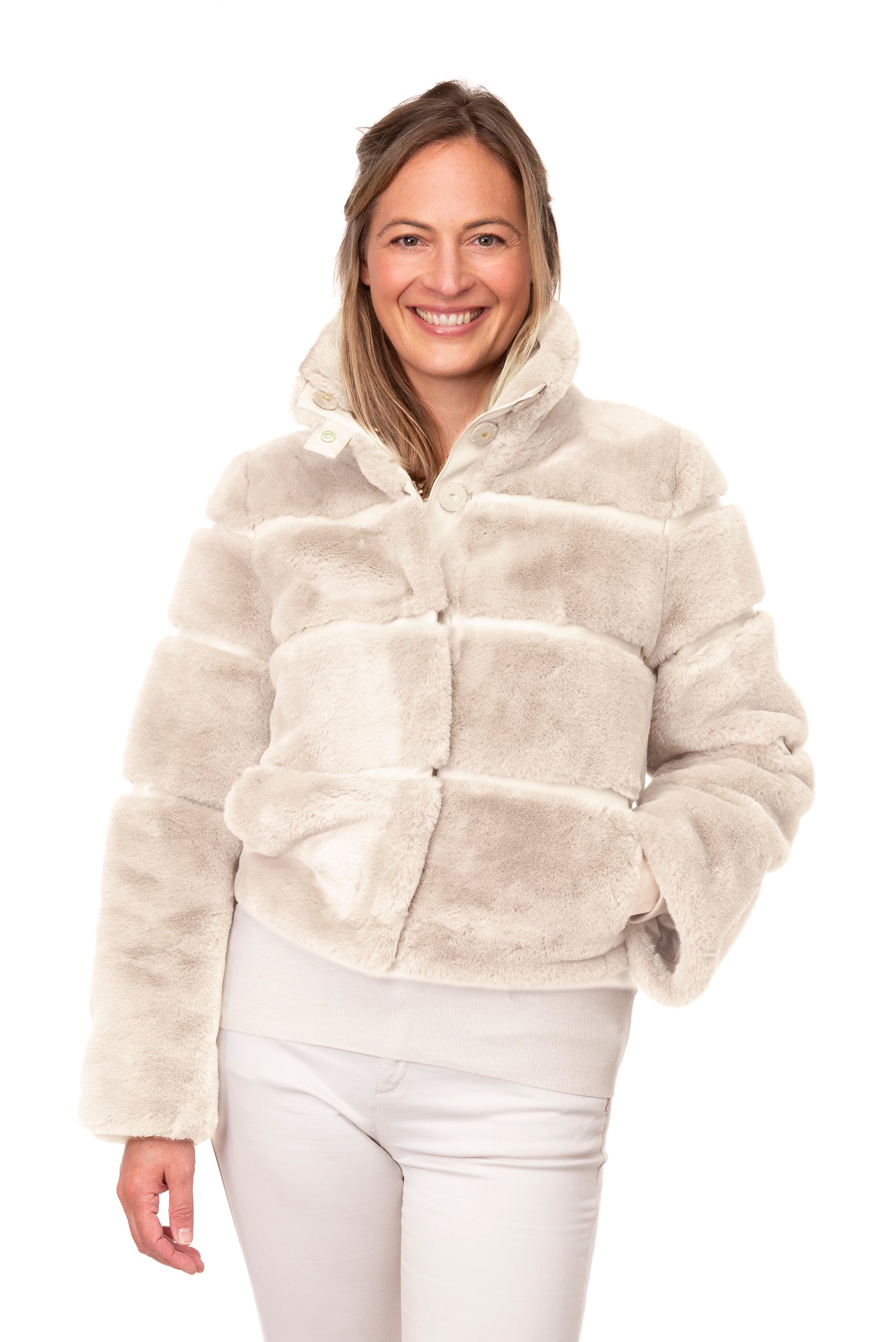 Zanara FB221 - Faux Fur Bomber Style Jacket Beige