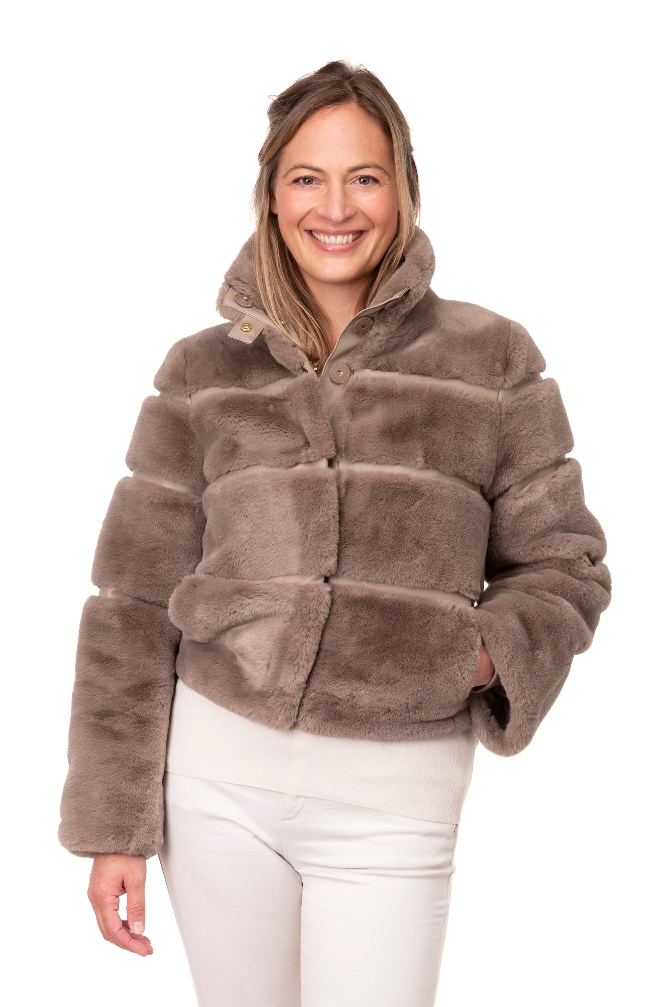 Zanara FB221 - Faux Fur Bomber Style Jacket Taupe