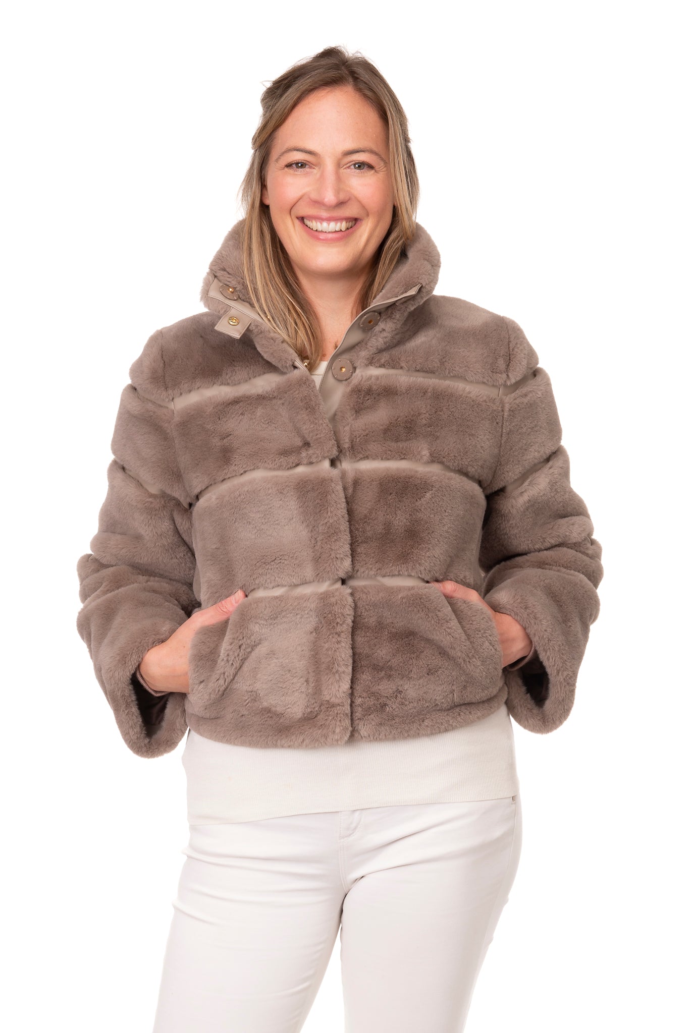 Zanara FB221 - Faux Fur Bomber Style Jacket Taupe