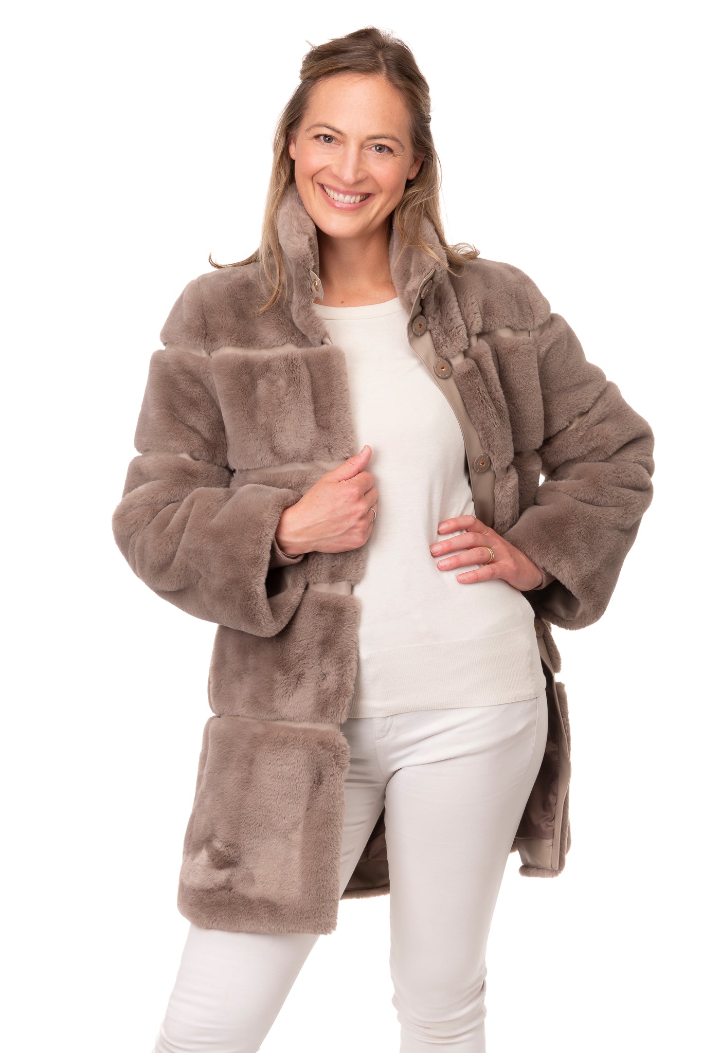 Ombretta FB222 - Long Faux Fur Jacket Taupe