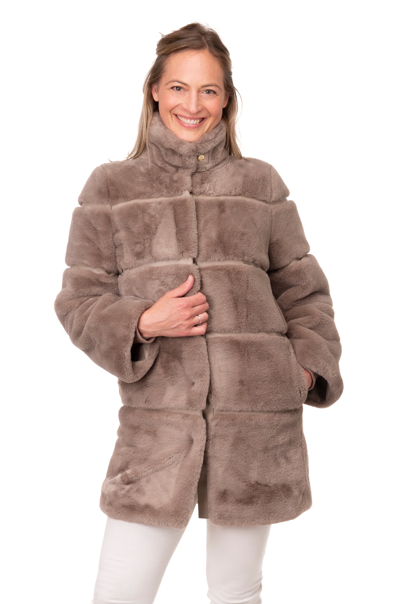 Ombretta FB222 - Long Faux Fur Jacket Taupe