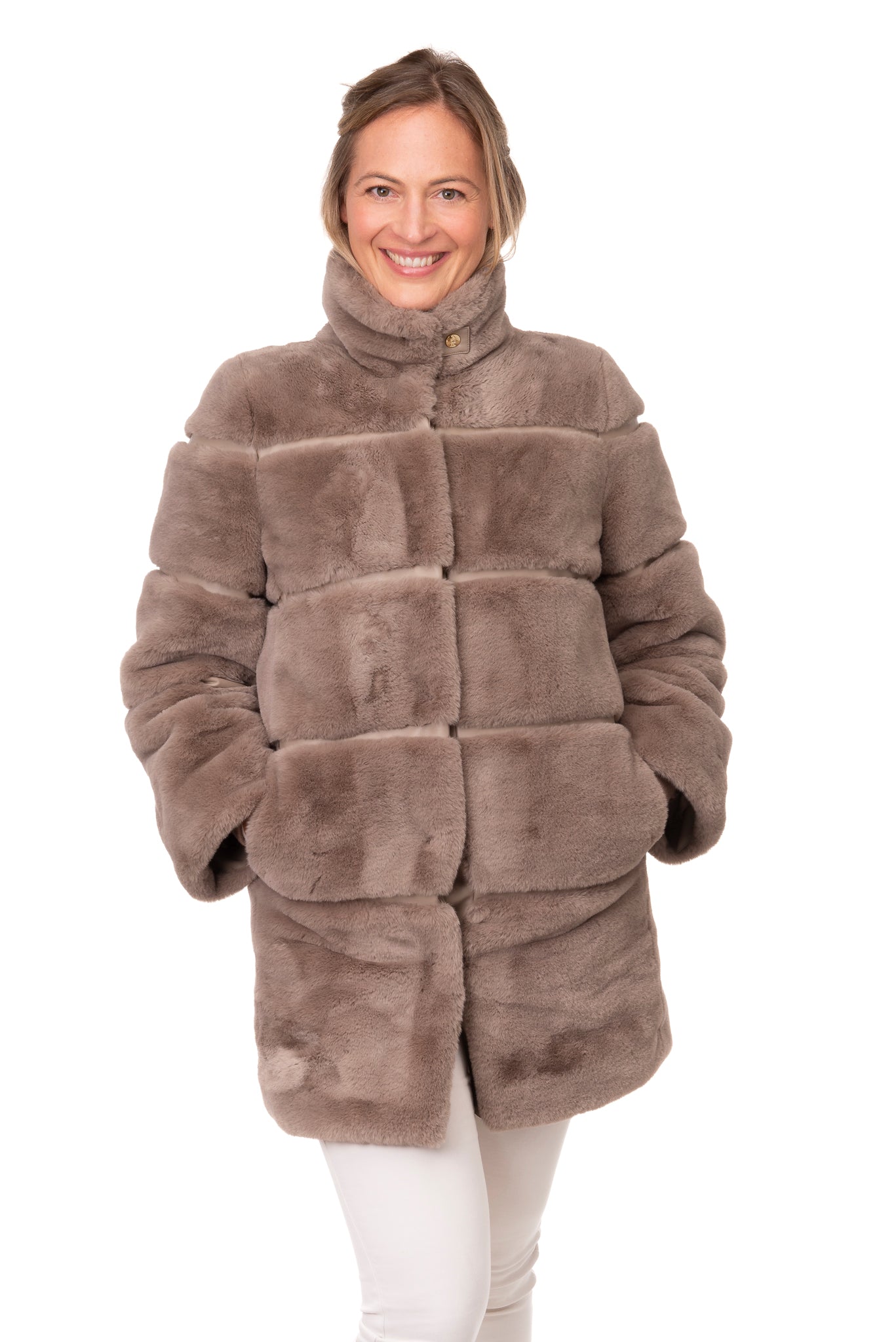 Ombretta FB222 - Long Faux Fur Jacket Taupe