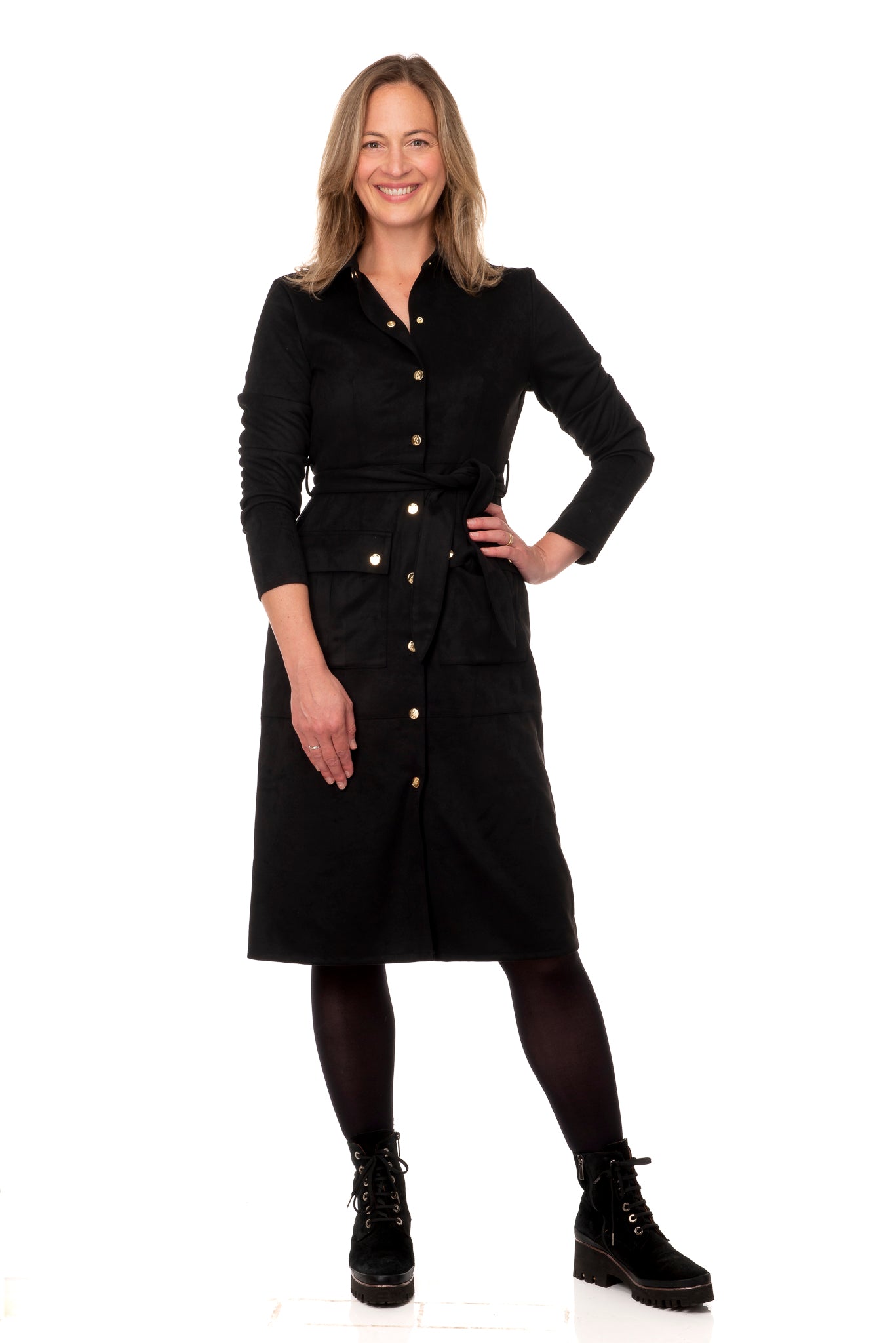 Zoel FB229 - Suedette Shirt Dress Gold Buttons in  Black